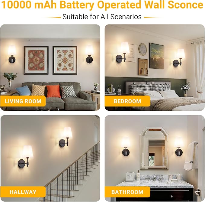 Vimhou Peel and Stick Wall Sconces, Stick On Wall Sconce Set of 2, Battery Operated Wireless Wall Light, No Drill Adhesive Wall Lamp, Corn Bulb with 10000mAh Rechargeable Battery, Bedroom Wall Decor