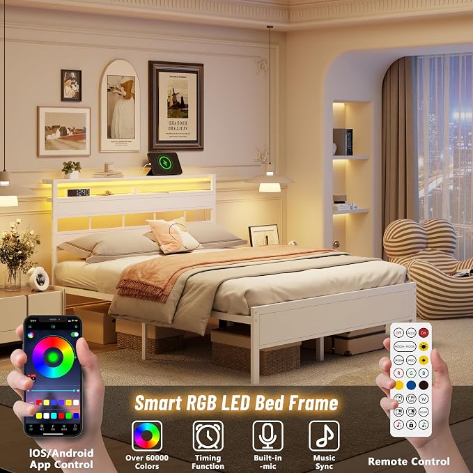 Queen Bed Frame White,Storage Headboard,Charging Station & RGB LED | 2-Tier Wood Shelves, Metal Support Slats, Noise-Free, No Box Spring. 12.6" Under-Bed Clearance. USB & Type-C, Easy Assembly.