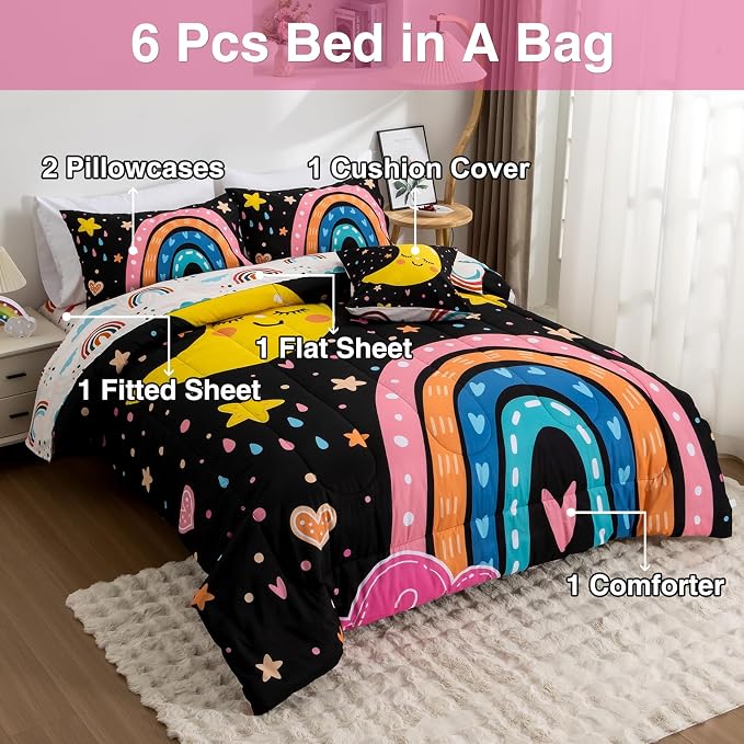 A Nice Night Lightweight Soft Cartoon Rainbow 6Pcs Queen Comforter Sets, Love Hearts Printed Bedding Set for Boys Girls(Black,Queen)