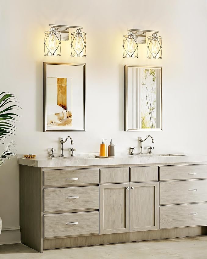2-Light Brushed Nickel Bathroom Light Fixtures, 13.8 Inch Modern Bathroom Vanity Lighting Fixtures Over Mirror with Clear Glass and Metal Cage Wall Sconce Lights for Bath, E26, CH9176BN-2W
