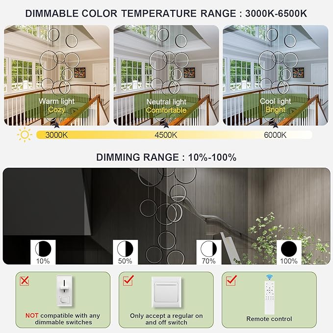 14 Ring High Ceiling Chandelier Foyer, Black Modern LED Large Staircase Long Chandeliers Light Fixture with Remote for Staircase Entryway Living Room Dining Room(118in, 3000K-6500K)