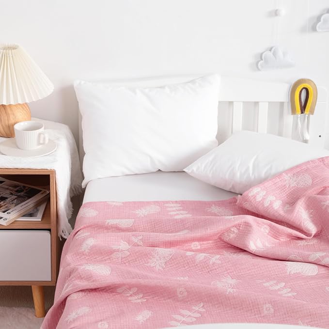 NTBAY 3 Layer Muslin Toddler Blanket, 30 x 40, Pink Pineapple | Breathable Muslin Cotton Outer Layers with Light Thermal Fill, Reversible for Stroller, Daycare, Travel, and Supervised Use