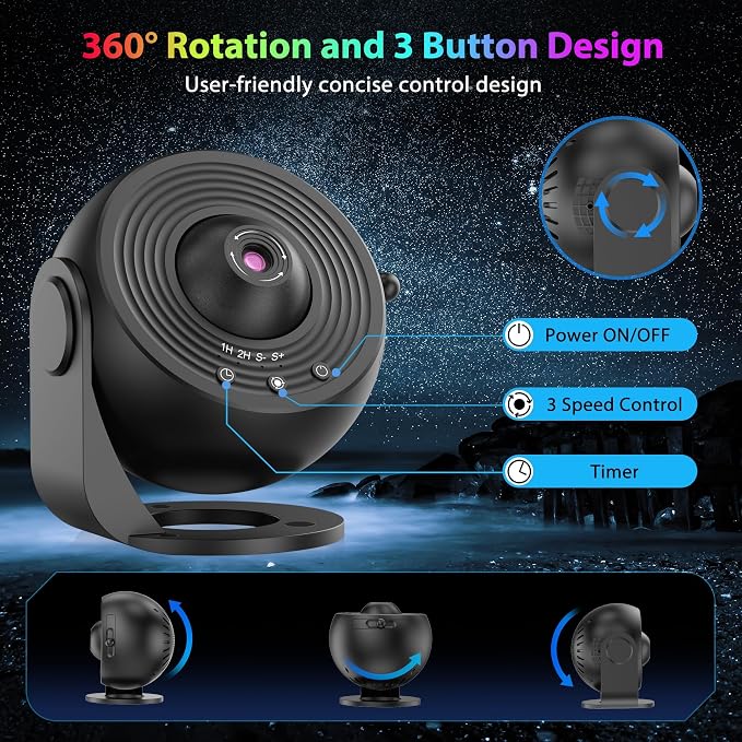 Galaxy Projector for Bedroom, HD Image Star Projector Galaxy Light Adjustable Knob, 13 Film Discs Planetarium Projector for Kids, 360° Rotating 1/2h Timer Simple 3-Button Control Deep Black