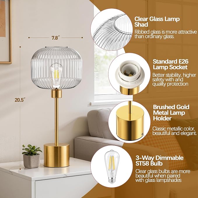 Glass Table Lamp for Living Room, Modern Gold Clear Bedroom Bedside Lamp | LED Bulb Included, Large Ribbed Glass Shade, 3-Way Dimmable, Touch Control, Brushed Gold, Nightstand Lamp, 2700K Warm Light