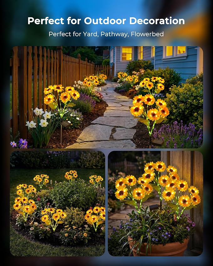 Brightown 3 Pack 6 Head Solar Sunflower Garden Stake Lights Waterproof | 18 glowing stem sunflowers, waterproof solar powered, auto on off decorative stakes for yard, patio, lawn outdoor decoration