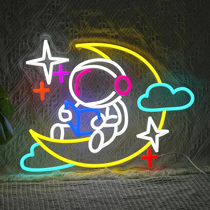 Astronaut Read Books Neon Sign Dimmable Reading on Moon Neon LED Light Spaceman Learning Light Sign for Wall Decor Bedroom Office Classroom
