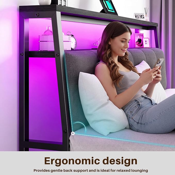 Homkdom Queen Bed Frame with Upholstered Headboard & Charging Station | 2 Outlet & 2 USB, LED Lights,12" Under-Bed Storage Noise-Free,No Box Spring Needed,Easy Assembly, Black
