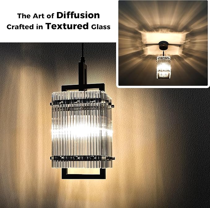 IKK Black Pendant Light for Kitchen Island, Luxury Ribbed Glass Chandelier Lights Fixture, Modern Elegant Adjustable Pendant Lighting for Dining Room Bedroom, E26 Bulb, L6.5'' x H14''