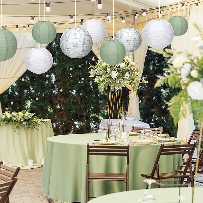 Riakrum 18 Pcs Floral Paper Lantern Set 10" 8" Sage Green and White Flower Chinese Lantern Chinoiserie Hanging Decoration for Ceiling Wedding Bridal Shower Birthday Party Supplies