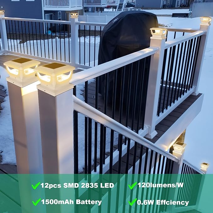 Sumaote Solar Post Lights Outdoor, 120 lumens Solar Post Cap Light Fits 4x4 Wood, 3x3 4x4 PVC/Vinyl Fence Posts, 3000K Warm White SMD Lighting Deck Railing Lights, IP65 Waterproof, 6 Pack