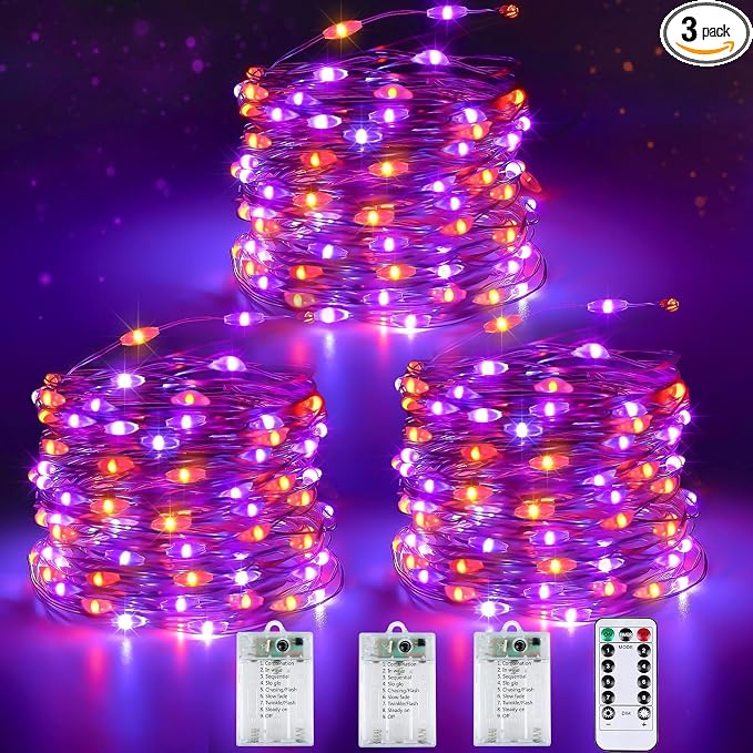 3PK Orange and Purple Halloween Fairy Lights Battery Operated with Remote | 8 Lighting Modes, Remote Control, Timer & Dimmable, Total 78FT 240LED Twinkle Lights for Outdoor Indoor Halloween Home Decor