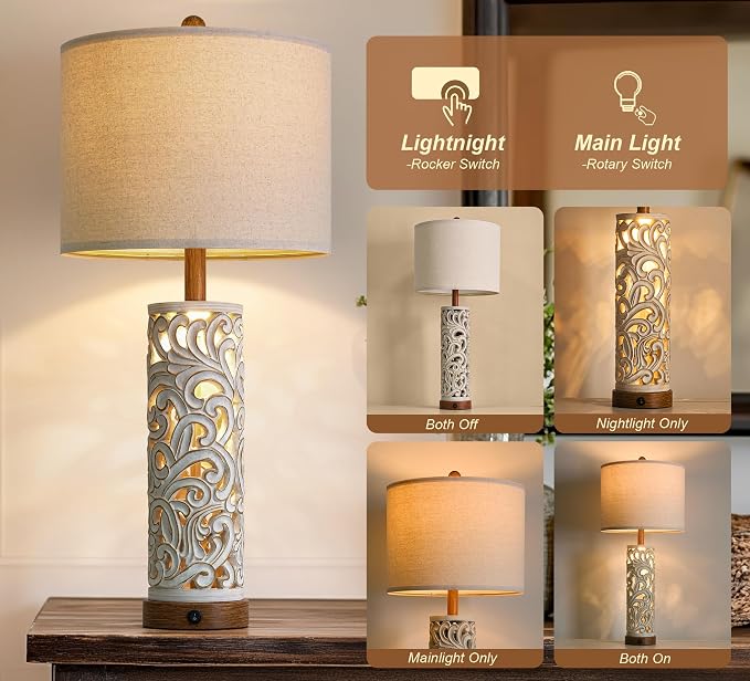 2-in-1 Light Table Lamp Set of 2 for Living Room, 28.5" Farmhouse Bedside Lamps with USB Charging Port, Main&Night Light & Dual Switches, Nightstand Lamp for Bedroom Home Office(Bulb Included)