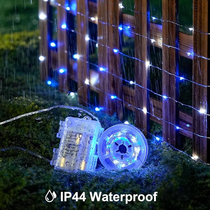 JMEXSUSS 2 Pack 33ft 100 LED Fairy Lights Battery Operated, Blue and White | Christmas Lights with Remote, Timer, 8 Modes, Battery Powered Twinkle String Lights for Bedroom Christmas Tree Mantel Decor