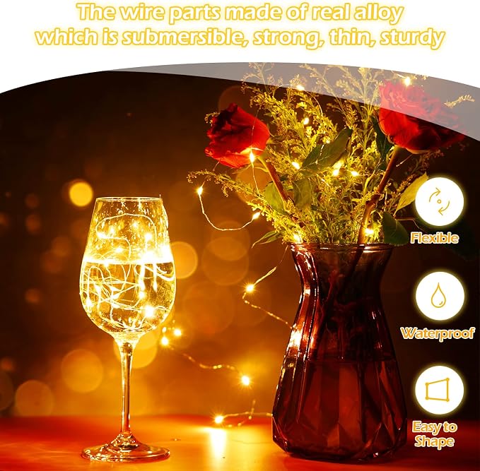 100 Packs Fairy Lights Battery Operated 3 Speed Modes, 7 Ft/ 2 M 20 LED Battery String Mini Waterproof Wire Twinkle Lights Bulk for Wedding Party Birthday Vases Decor (Warm White)