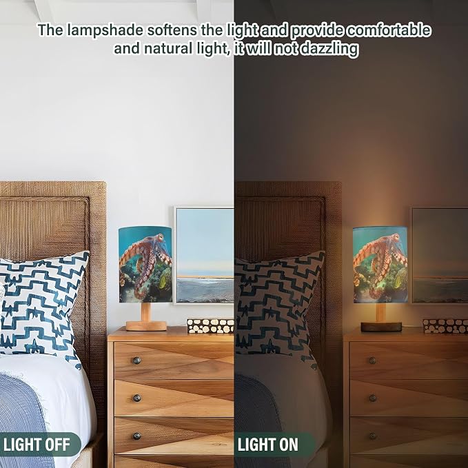 Fustylead Deep Sea Octopus Table Lamp for Bedroom USB Port Lamps Small Accent Table Lamp Nightstand Lamp Sturdy Linen Shade Wooden Base Decorative Lamps for Bedside Reading|Kids|Dorm|Home