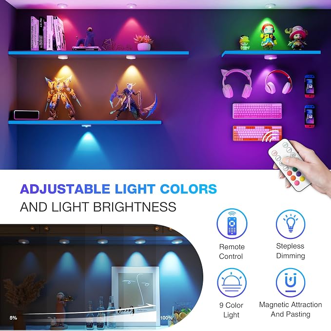 RGB Puck Lights with Remote Control,Under Cabinet Lighting,white,5PCS | 2000mAh Battery Operated Tap Lights Rechargeable, 9 Colors & 2 Dynamic Changing, Magnetic Stick on Light for Closet