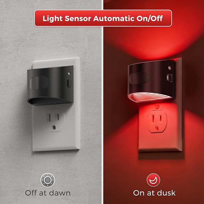 L LOHAS LED Motion Sensor Night Light, Night Lights Plug into Wall, 4 Pack | Nightlight with Dusk to Dawn & Motion Detection Sensor, 30-100Lm Adjustable Brightness, Red Light, Black Housing