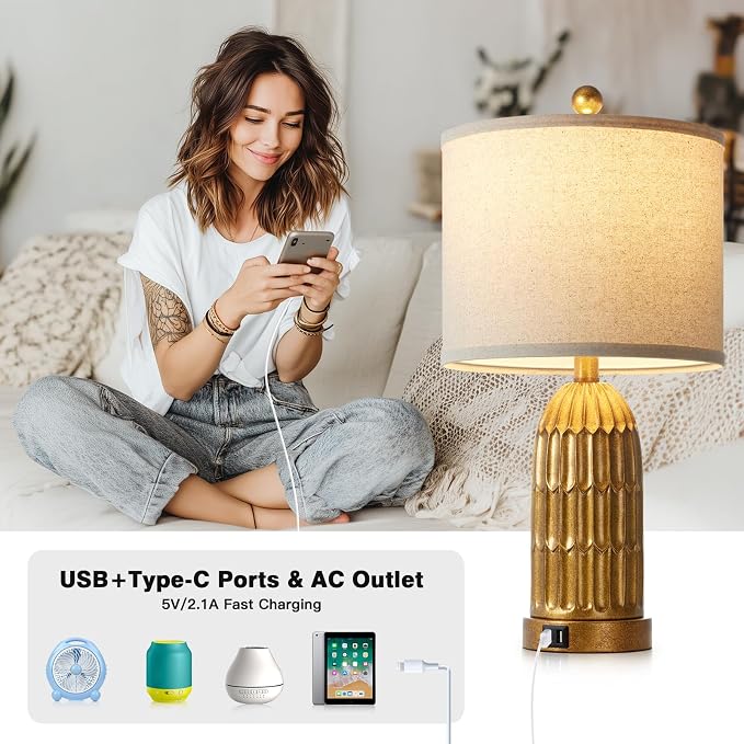 Table Lamps for Bedroom Set of 2, Farmhouse 3-Way Dimmable Touch Nightstand Lamp with 2 USB Charging Ports, Vintage Rustic Traditional Bedside Lamp for Living Room End Table