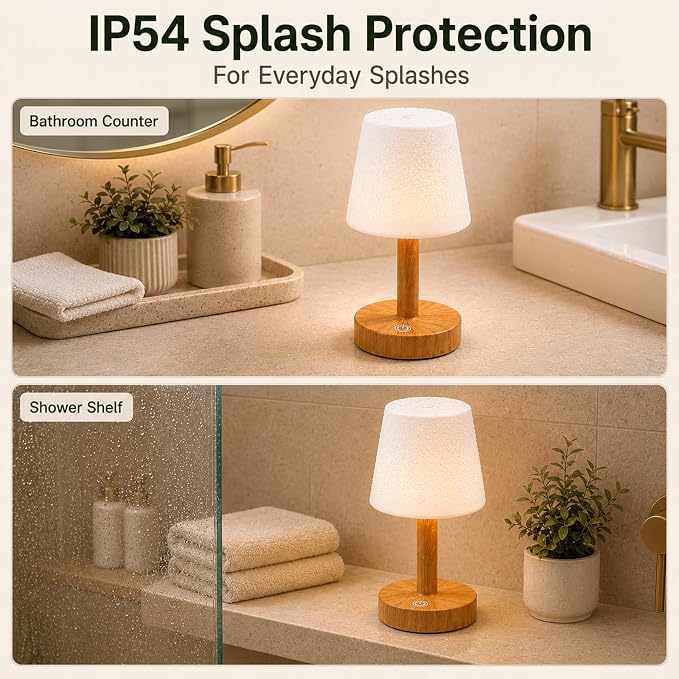 Rechargeable Table Lamp, Mini Cordless Shower Lamp for Bathroom, IP54 | Warm Oak-Look Body, Compact Fit for Small Surfaces, Warm-to-Cool Ambience, Touch Dimming with Brightness Memory