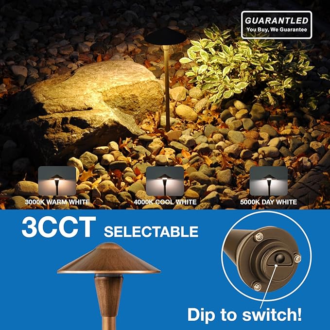 Low Voltage Pathway Lights 6 Pack, 12–24V 150lm Wired LED Landscape Path Lights with Premium Brass Finish, 3CCT Adjustable, Wet Location Rated for Outdoor Walkway, Yard, Garden & Driveway Edge