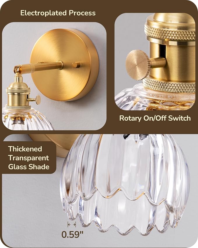 EDISHINE 2-Pack Brass Gold Sconces, 180° Adjustable Tulip Glass Wall Lamps | Hardwired, Rotary ON/OFF Switch, E26, Vintage & Modern Style for Bathroom, Bedroom, Hallway