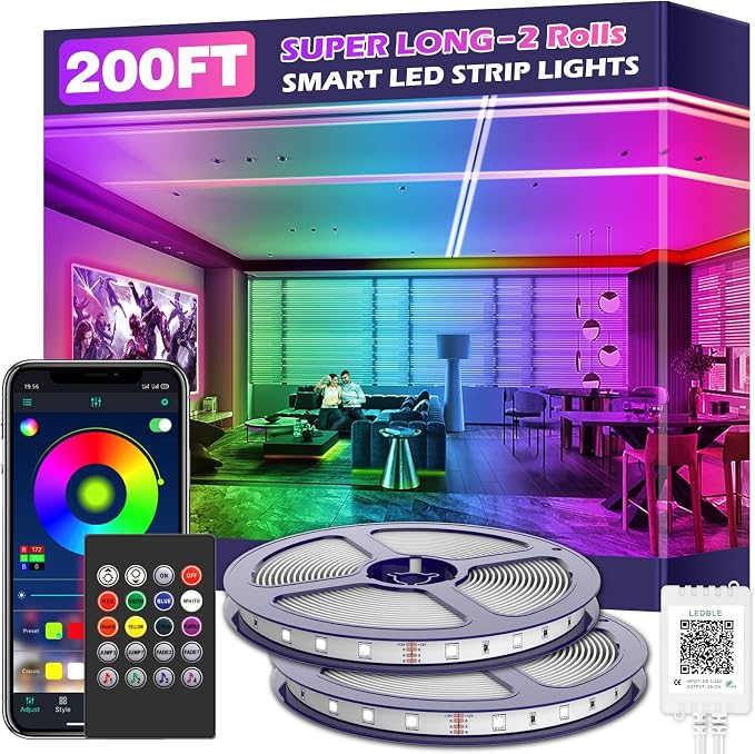 Led Strip Lights,Long Smart Led Light Strips Music Sync 5050 RGB Color Changing Rope Lights,Bluetooth APP/IR Remote/Switch Box Control Led Lights for Bedroom,Home Decoration,Party,Festival (200FT)