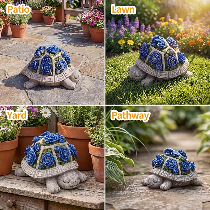 Solar Garden Outdoor Decor Turtle Statue with Dark Blue Roses & 7 LED Lights – Outside Tortoise Decor for Yard Patio Balcony & Backyard - Home House Decoration Art- Gift for Women Mom & Grandma