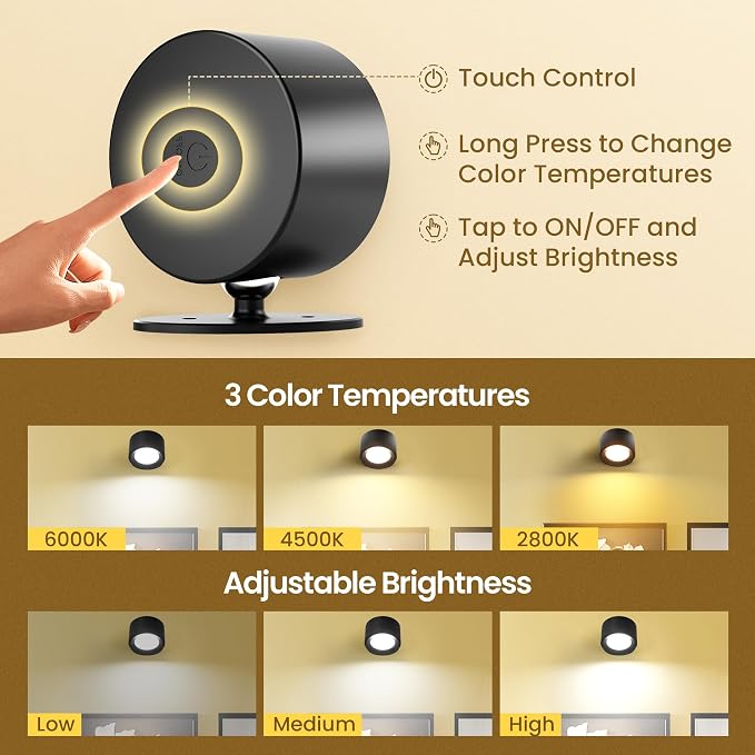 Wall Mounted Lamp, Rechargeable Battery Operated Wall Lights, Black-3 Pack | Rechargeble Renter Friendly, 3 Color Temperatures & 3 Brightness Levels 360°Rotate Magnetic Ball, Sconces for Reading Bedroom