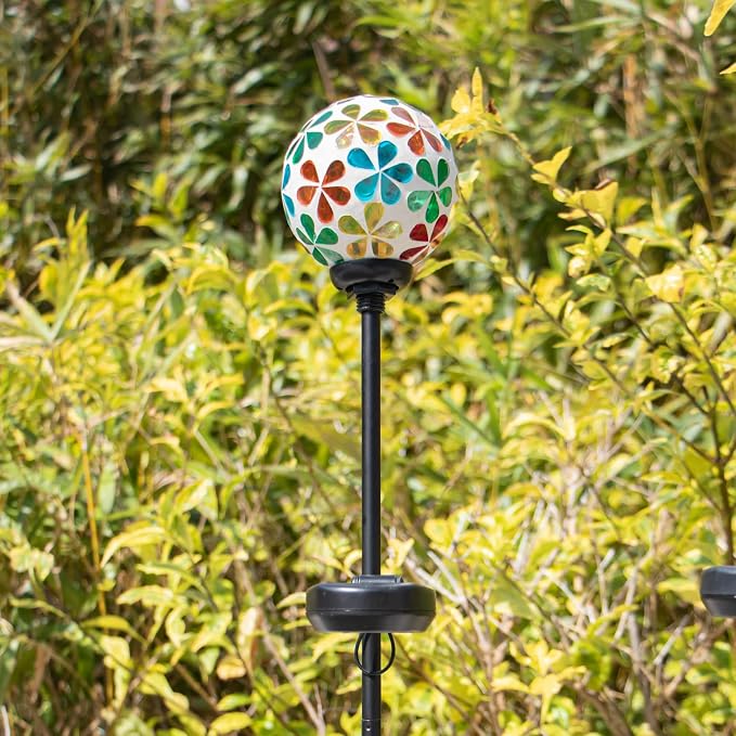 VCUTEKA Decorative Solar Garden Lights, 3.5" Mosaic Globe Outdoor Stake | Mosaic Glass Globe Design, Solar LED Light, Waterproof Design, Auto On/Off and Metal Stake Design for Lawn and Patio