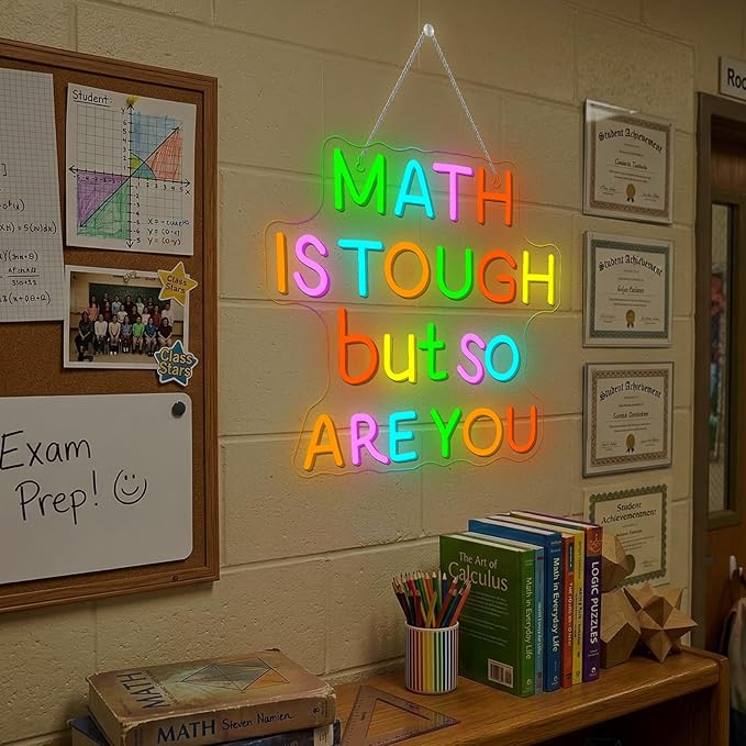 Classroom LED Sign Math Is Tough But So Are You Neon Sign for Wall Decor Math Lights Up Sign for Classroom Library Bedroom Reading Neon Signs LED Gifts for Art Teachers Teens