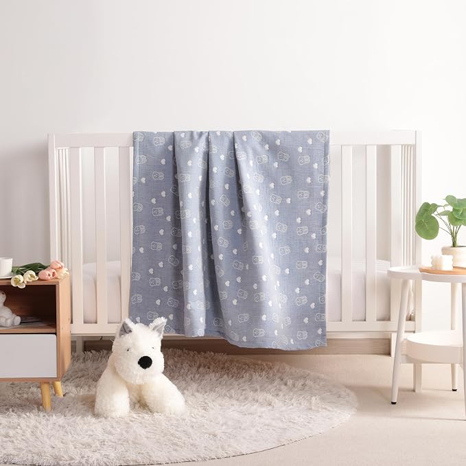 NTBAY 3 Layer Muslin Toddler Blanket, 30 x 40, Blue Rabbit | Breathable Muslin Cotton Outer Layers with Light Thermal Fill, Reversible for Stroller, Daycare, Travel, and Supervised Use