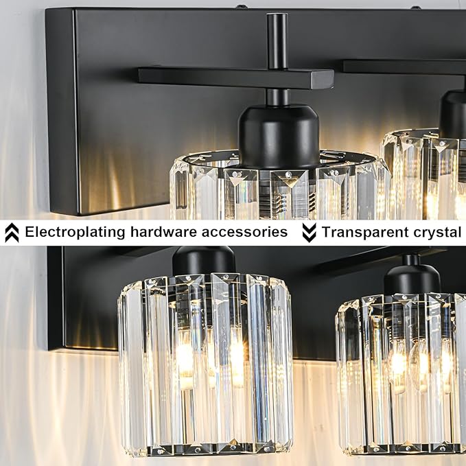 Black Crystal Bathroom Vanity Lights, Modern 3-Lights Bathroom Lighting Fixtures Over Mirror, Crystal Wall Lighting with Round Shade