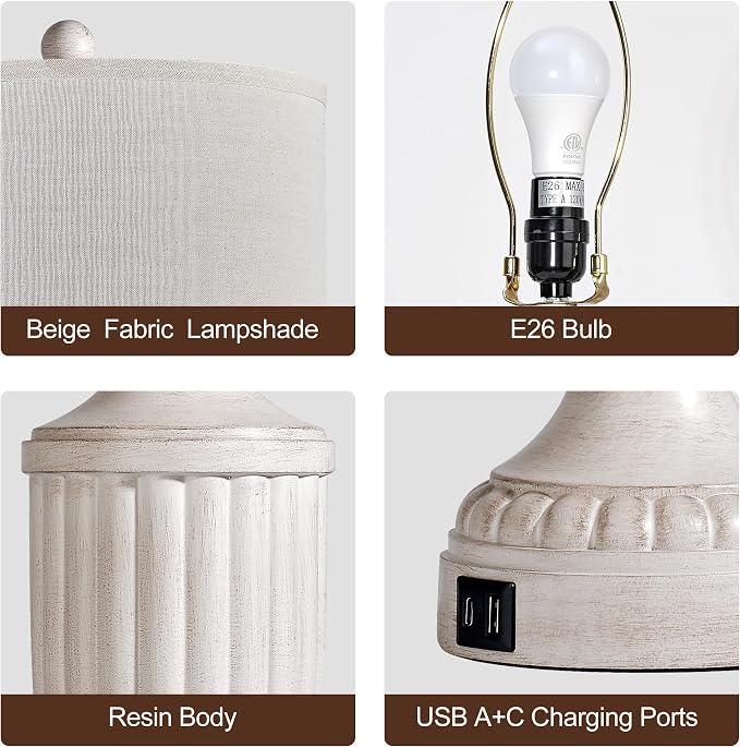 Farmhouse Table Lamps for Bedroom Set of 2, 27.5" Bedside Lamp with USB Ports, Dimmable Nightstand Table Lamp for Living Room