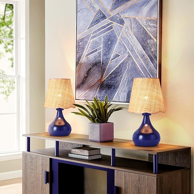 Ziqqeelam Navy Blue Small Table Lamp, Mini Bedroom Lamps for Bedside Nightstand, Rattan Shade Small Table Lamps for Small Spaces for Kitchen Counter, Bookshelf, Home Office, Living Room, Dorm