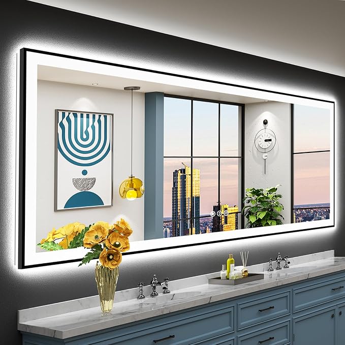 96x36 Black LED Bathroom Mirror, Backlit & Front Lit Lighted Mirror | Metal Framed Anti-Fog Vanity Mirror with Lights, 3 Color Dimmable, Memory, HD Tempered Glass, CRI95, UL Listed, Wall Mounted