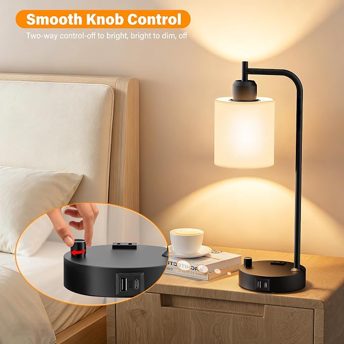 Industrial Table Lamps with Linen Shade, Set of 2 Fully Dimmable Bedside Lamps with USB A+C Ports and Outlet, Black Nightstand Desk Lamps for Bedrooms Living Room Office, 2 LED Bulbs Included