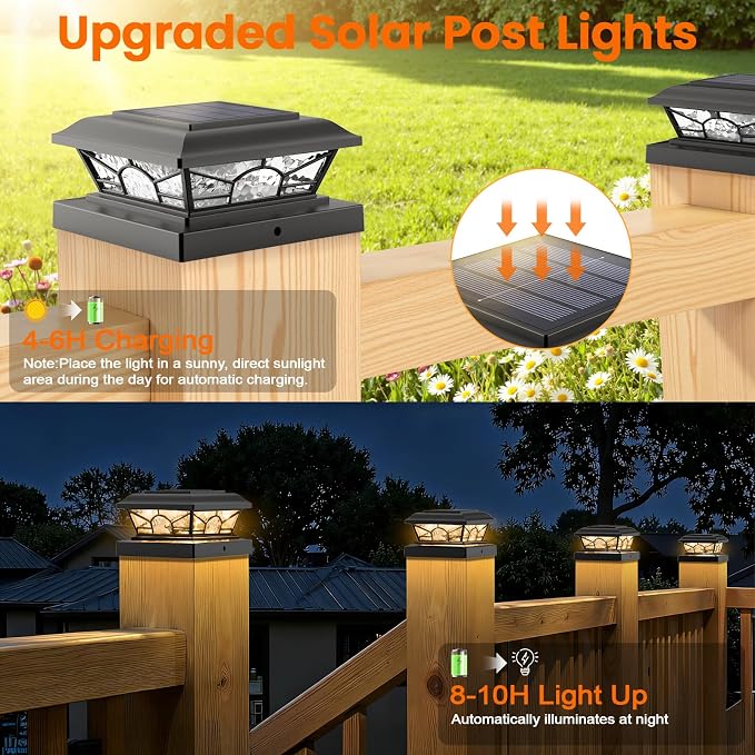 4x4 3.5x3.5 Solar Post Cap Lights 8-Pack Black | 2 Modes (Warm/Cool White), 16LEDs, for Wooden/Vinyl Posts, IP65 Waterproof, Outdoor, for Fence, Deck, Patio, Yard, Porch