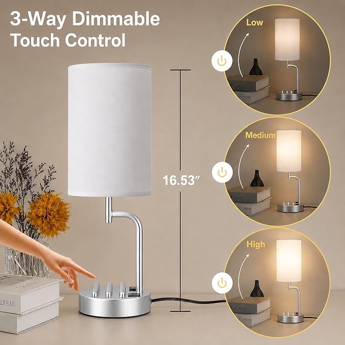 Dreamholder Touch Control USB Table Lamp with USB C/A & AC Outlet, 3-Way Dimmable Bedside Lamp, Modern Nightstand Lamps for Bedroom Living Room Guest Room Office, Bulb Included, Silver