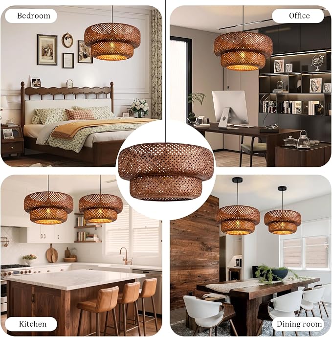 TeruTeru Ji Kaikang Bamboo Pendant Light,17.7" Brown Rattan Hanging Light | Boho Curry Bamboo Rattan Pendant Lights,Hand Woven Rattan Chandelier for Kitchen Island Dining Bedroom Living Room