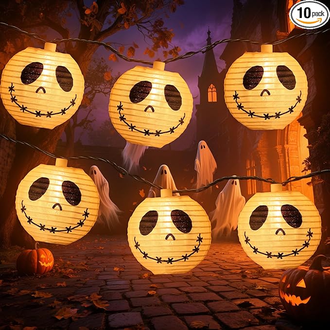 Halloween Decorations Ghost Lantern String Lights Plug in, 10 Pack Ghost Jack Skellington White Lantern Lights with Black Cord, Spooky Lights Outdoor for Halloween Spooky Mantel Decor