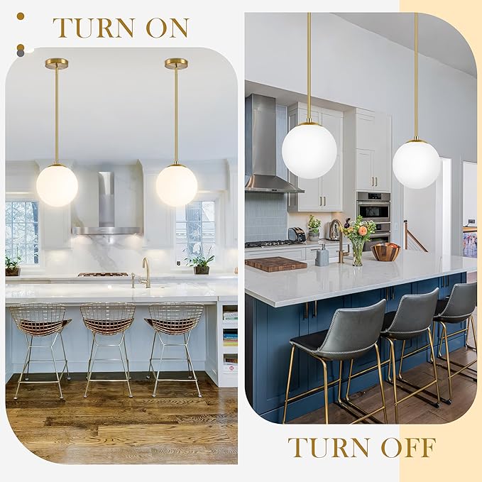 10" Globe Pendant Light Gold 2 Pack Mid Century Pendant Light Globe Pendant Lights Kitchen Island Brushed Brass Finished with Milk Glass Adjustable Ceiling Light Fixtures for Dining Room Bar