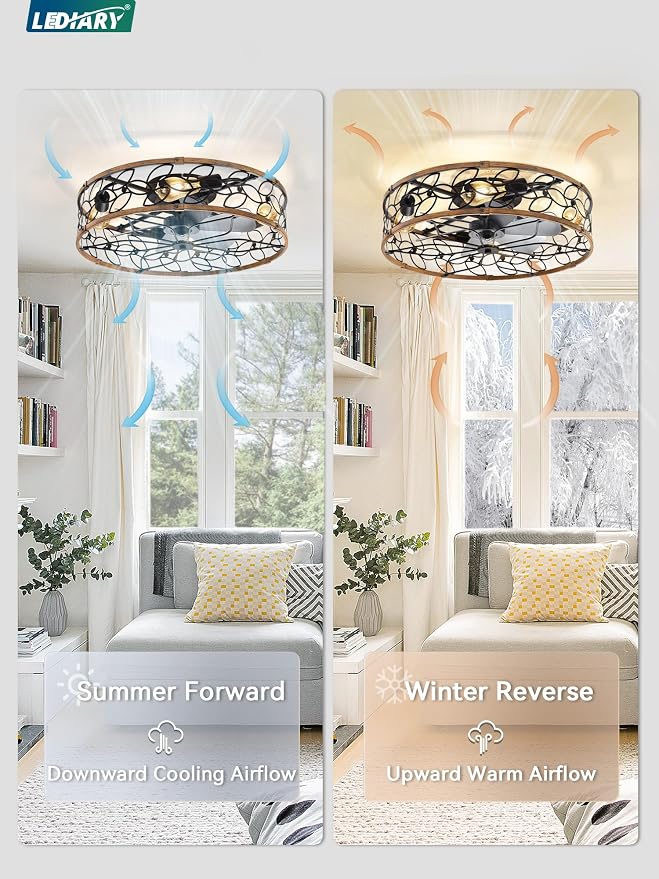 LEDIARY 23" Caged Ceiling Fan with Light, Flush Mount Fandalier with Remote | Low Profile, Farmhouse Large, Bladeless Industrial, Quiet DC Motor, App Control for Bedroom, Kitchen, Dining Room, Walnut