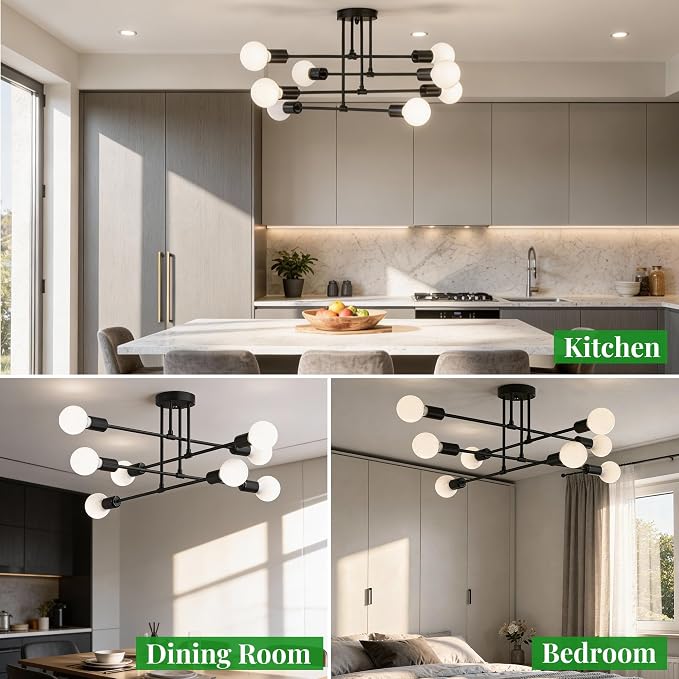 Modern Sputnik Chandelier Ceiling Light Fixtures, 8-Lights Mid Century Industrial Metal Semi Flush Mount for Dining Room, Bedroom, Living Room-Black