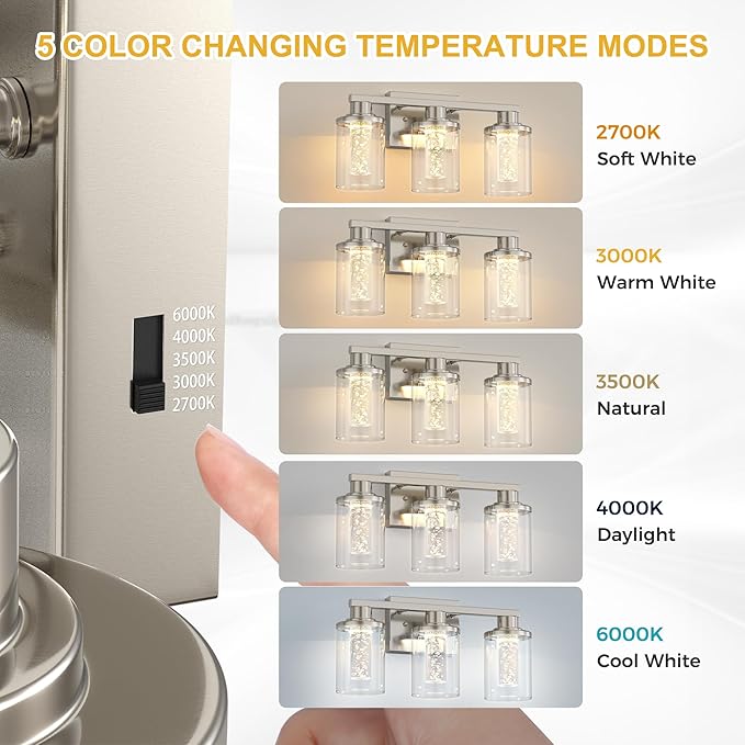 L LOHAS LED 3-Light Brushed Nickel Vanity Lights with 5CCT, Eye Protection LED Bathroom Light Fixtures, Dimmable Modern Bathroom Vanity Light Over Mirror with Clear Glass Shade