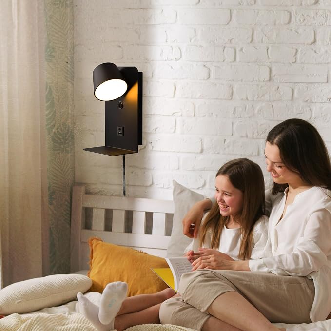 DEC LUCE DECOLUCE LIGHTING Modern LED Plug in Wall Sconce, Dimmable Wireless Wall Light Fixtures with Shelf and USB Port, 6W,600LM, Rotatable Small Reading Wall Lamp for Bedroom Bedside, Black