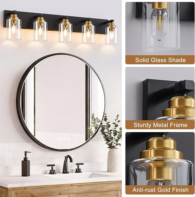 5-Light Black and Gold Bathroom Vanity Light, Clear Glass Shade | 35.4" Wall Mount Over Mirror Lighting Fixtures, Brushed Gold Finish, Durable Metal, Modern Farmhouse Style, for Bathroom