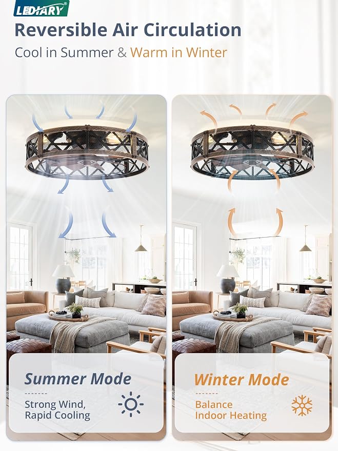 LEDIARY 23" Caged Farmhouse Ceiling Fan with Light, Flush Mount, Black Gold | Remote&APP Control, Large Low Profile, Rustic Fandaliers, Industrial Bladeless Enclosed, Powerful Motor for Bedroom, Kitchen