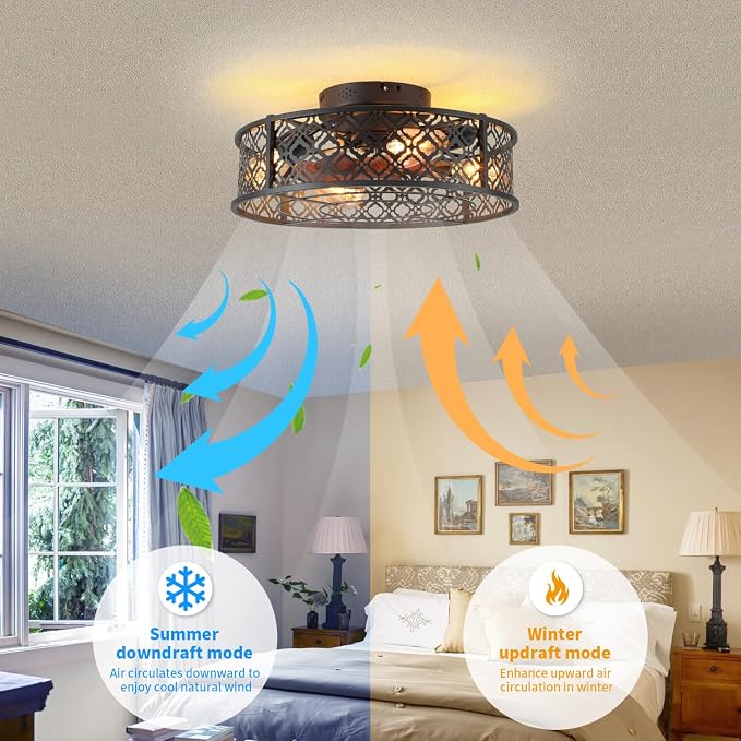 20" Caged Ceiling Fans with Lights Flush Mount Ceiling Fan with Remote,Small Black Low Profile Bladeless Ceiling Fan Light Fixture for Bedroom, Kitchen, Dining Room 4 bulbs Included,6 Speeds