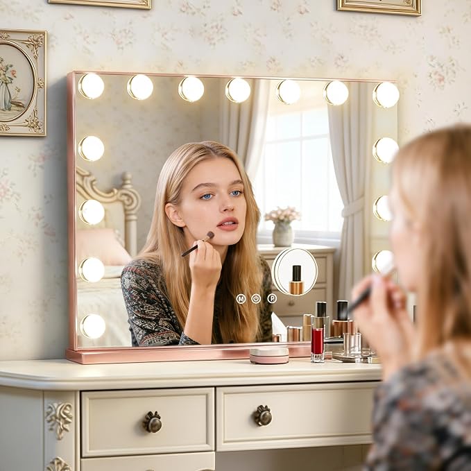 Ratsamee Rose Gold Hollywood Vanity Mirror with Lights, 15 Dimmable Bulbs, 3 Color Lights,Make Up Lighted Mirror, Aluminum Metal Frame, USB Charging Port（23" x 18"）