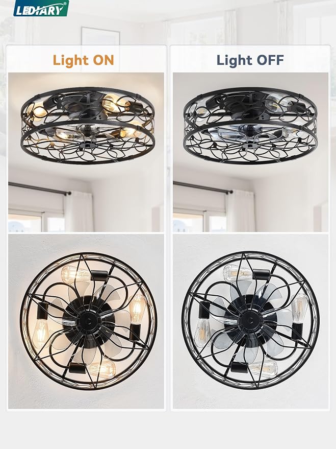 LEDIARY 20" Caged Ceiling Fan with Light, Flush Mount Fandalier with Remote | Low Profile, Farmhouse Small, Bladeless Industrial, Quiet DC Motor, App Control for Bedroom, Kitchen, Dining Room, Black
